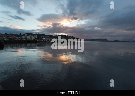 Town of Oban, Scotland. Dusk view of Oban harbour with the island of Kerrera in the background. Stock Photo