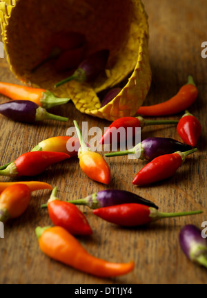 Prairie fire atomic chilli, Heatwave chilli, yellow wicker basket, rustic table Stock Photo