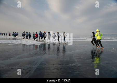 The 9th Lake Baikal Ice marathon, Lake Baikal, Irkutsk Oblast, Siberia, Russian Federation, Eurasia Stock Photo