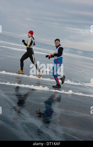 The 9th Lake Baikal Ice marathon, Lake Baikal, Irkutsk Oblast, Siberia, Russian Federation, Eurasia Stock Photo