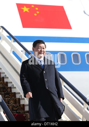 Sochi, Russia. 6th Feb, 2014. Chinese President Xi Jinping arrives in Sochi, Russia, Feb. 6, 2014. Xi will attend the opening ceremony of the 22nd Winter Olympic Games here, at the invitation of Russian President Vladimir Putin. It will be the first attendance by a Chinese head of state at an opening ceremony of a major overseas sports event. Credit:  Lan Hongguang/Xinhua/Alamy Live News Stock Photo