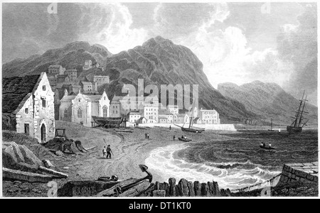 An engraving entitled 'Abermaw, or Barmouth, Merionethshire' scanned at high resolution from a book published in the 1830's. Stock Photo