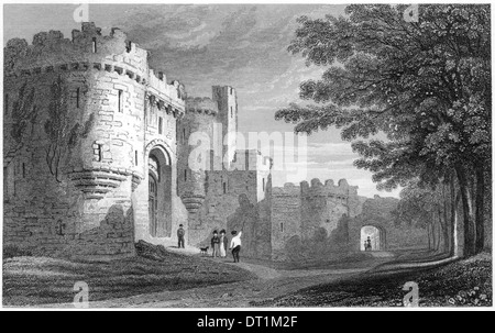 An engraving entitled 'Entrance to Beaumaris Castle' scanned at high resolution from a book published in the 1830's. Stock Photo