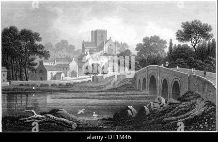 An engraving entitled 'St Asaph, Flintshire' scanned at high resolution from a book published in the 1830's. Stock Photo