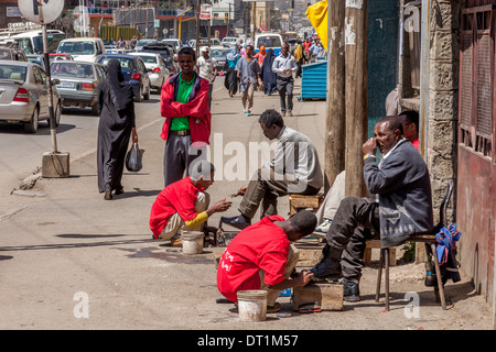 Shoe Shine Boys, Addis Ababa, Ethiopia Stock Photo