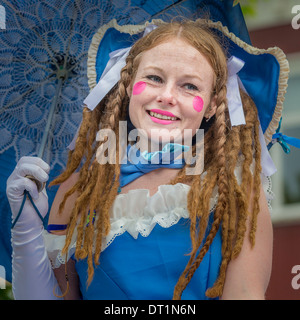 Woman dressed in costume celebrating June 17th, Iceland's Independence day, Reykjavik, Iceland Stock Photo