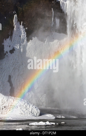 Rainbow over Skogafoss Waterfall in the Winter, Iceland Stock Photo