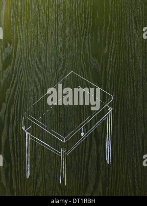 A line drawing image on a natural wood grain background A rectangular table with a detached top Stock Photo