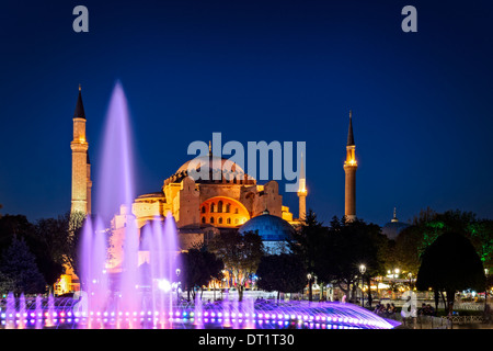 The Aya Sofya or Hagia Sophia as seen from the Sultan Ahmed Park during nighttime in Istanbul, Turkey. Stock Photo