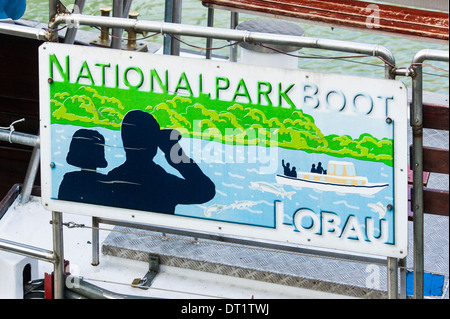 information signpost for the boat to the national park lobau at the moorings on the danube canal, vienna, austria Stock Photo