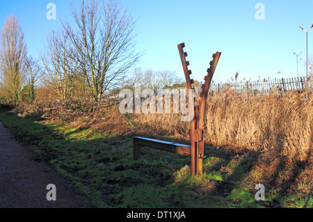 Iron sculpture distance marker by the Marriott's Way long distance path near Norwich, Norfolk, England, United Kingdom. Stock Photo