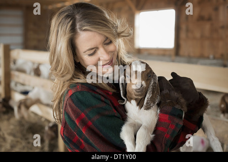 A woman cradling a young goat kid in her arms on a farm Stock Photo