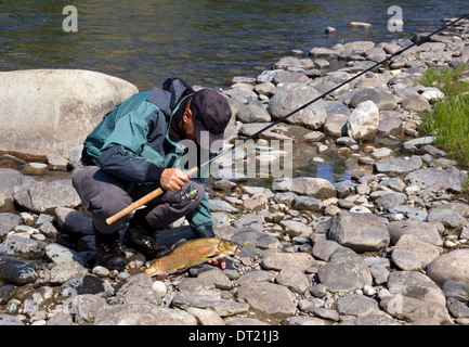 Fishing on river Shishged in the Mongolia Stock Photo