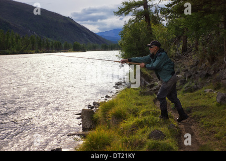 Fishing on river Shishged in the Mongolia Stock Photo