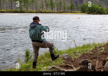 Fishing on river Shishged in the Mongolia Stock Photo