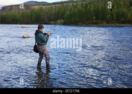 Fishing on river Shishged in the Mongolia  Stock Photo