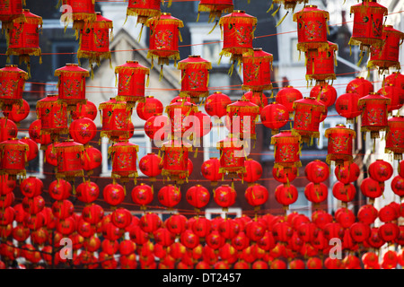 Red lanterns hanging in London's Chinatown during the lunar new year ...
