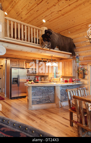 The kitchen in a modern log cabin Stock Photo