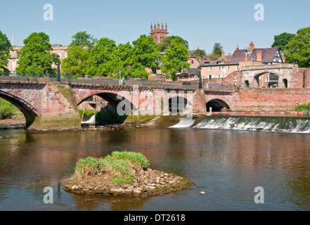 The Old Dee Bridge, Bridgegate & River Dee Weir, Chester, Cheshire, England, UK