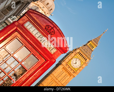 British Bright Red Telephone Box and Big Ben, London, England, UK Stock Photo
