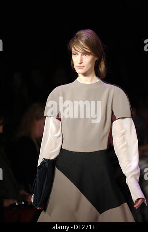New York, USA. 6th February 2014. A model presents a creation of BCBGMAXAZRIA during the Mercedes-Benz Fashion Week 2014 Fall in New York, the United States, Feb. 6, 2014. (Xinhua/Wu Rong/Alamy Live News) Stock Photo