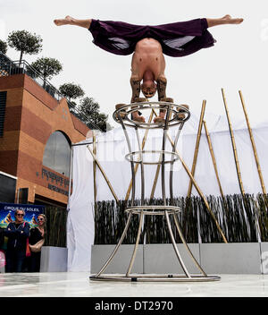 Santa Monica, California, USA. 06th Feb, 2014. To thank the Santa Monica community for their support through the years, Cirque du Soleil and Red Bull-affiliated BMX athletes and breakdancers provide a free preview of Cirque's 'TOTEM' show, which is currently performing on the Santa Monica Pier through March 16. Credit:  Brian Cahn/ZUMAPRESS.com/Alamy Live News Stock Photo