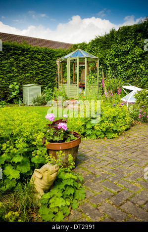 Domestic garden with patio, lawn and greenhouse