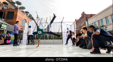 Santa Monica, California, USA. 06th Feb, 2014. To thank the Santa Monica community for their support through the years, Cirque du Soleil and Red Bull-affiliated BMX athletes and breakdancers provide a free preview of Cirque's 'TOTEM' show, which is currently performing on the Santa Monica Pier through March 16. Credit:  Brian Cahn/ZUMAPRESS.com/Alamy Live News Stock Photo