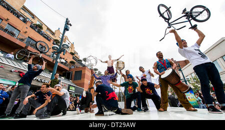 Santa Monica, California, USA. 06th Feb, 2014. To thank the Santa Monica community for their support through the years, Cirque du Soleil and Red Bull-affiliated BMX athletes and breakdancers provide a free preview of Cirque's 'TOTEM' show, which is currently performing on the Santa Monica Pier through March 16. Credit:  Brian Cahn/ZUMAPRESS.com/Alamy Live News Stock Photo