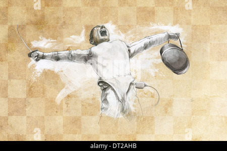 Illustrative image of fencer screaming over victory Stock Photo