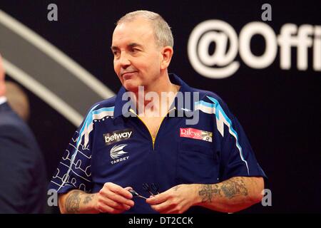 Liverpool, UK. 06th Feb, 2014. Phil Taylor in action during the first round of the Premier League Darts from the Echo Arena. Credit:  Action Plus Sports/Alamy Live News Stock Photo