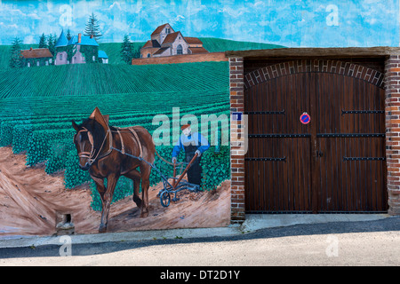 Champagne mural on the Champagne Tourist Route at Mancy in the Marne, Champagne-Ardenne, France Stock Photo