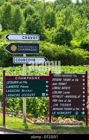 A sign with Champagne producers names on in Epernay in the Champagne ...