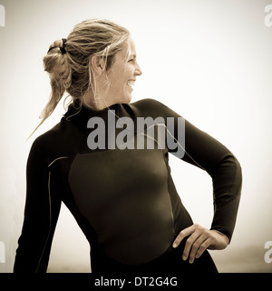 USA, California, Malibu, Portrait of young female surfer Stock Photo