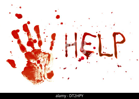 Bloody print of a bleeding hand on a white background with the letters HELP Stock Photo