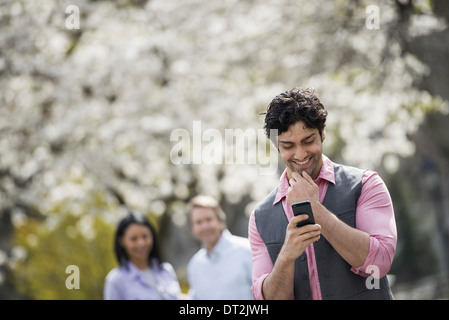 People outdoors in the city in spring time Cherry blossom on the trees A man checking his cell phone and two people behind him Stock Photo