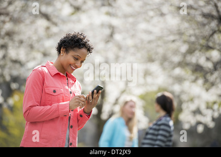 People outdoors in the city in spring time White blossom on the trees A young woman checking her cell phone and laughing Stock Photo