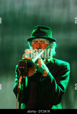 Prague, Czech Republic. 6th Feb, 2014. French jazz trumpeter Erik Truffaz is seen during a multimedia performance with drummer Murcof and comics writer Enki Bilal in Akropolis Palace in Prague, Czech Republic, February 6, 2014. Credit:  Zdenek Pridal/CTK Photo/Alamy Live News Stock Photo