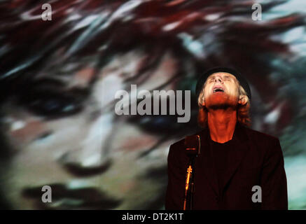 Prague, Czech Republic. 6th Feb, 2014. French jazz trumpeter Erik Truffaz is seen during a multimedia performance with drummer Murcof and comics writer Enki Bilal in Akropolis Palace in Prague, Czech Republic, February 6, 2014. Credit:  Zdenek Pridal/CTK Photo/Alamy Live News Stock Photo