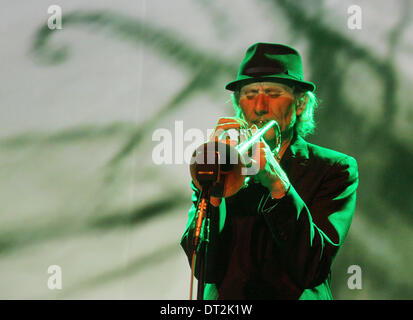 Prague, Czech Republic. 6th Feb, 2014. French jazz trumpeter Erik Truffaz is seen during a multimedia performance with drummer Murcof and comics writer Enki Bilal in Akropolis Palace in Prague, Czech Republic, February 6, 2014. Credit:  Zdenek Pridal/CTK Photo/Alamy Live News Stock Photo