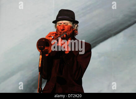 Prague, Czech Republic. 6th Feb, 2014. French jazz trumpeter Erik Truffaz is seen during a multimedia performance with drummer Murcof and comics writer Enki Bilal in Akropolis Palace in Prague, Czech Republic, February 6, 2014. Credit:  Zdenek Pridal/CTK Photo/Alamy Live News Stock Photo