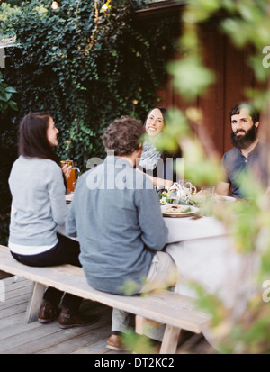 A group of people around a table A celebration meal with table settings and leafy decorations Glasses plates and cutlery Stock Photo