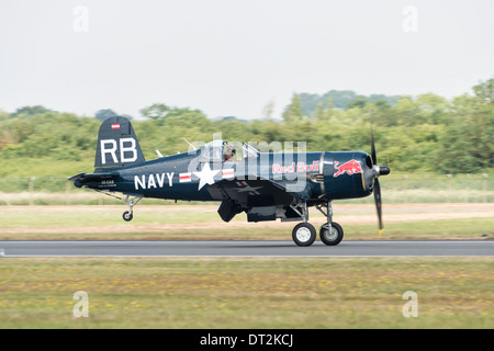 Chance Vought Corsair F4U-4 of the Red Bulls Flying Bulls historic aircraft collection lands after displaying at the 2013 RIAT Stock Photo