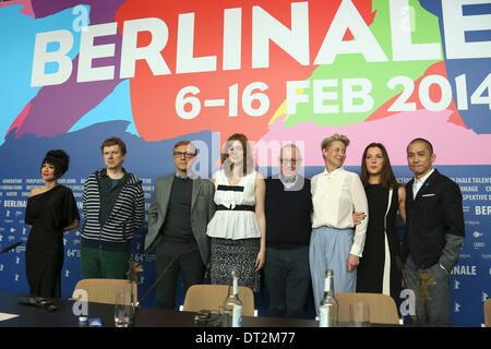 Mitra Farahani, Michel Gondry, Christoph Waltz, Greta Gerwig, James Shamus, Trine Dyrholm, Barbara Broccoli andTony Leung during the jury press conference at the 64th Berlin International Film Festival / Berlinale 2014 on February 06, 2014 Stock Photo