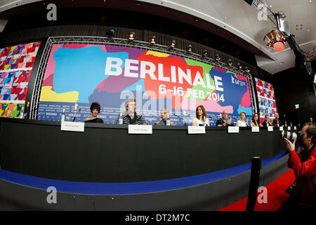 Mitra Farahani, Michel Gondry, Christoph Waltz, Greta Gerwig, James Shamus, Trine Dyrholm, Barbara Broccoli andTony Leung during the jury press conference at the 64th Berlin International Film Festival / Berlinale 2014 on February 06, 2014 Stock Photo