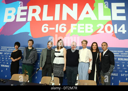 Mitra Farahani, Michel Gondry, Christoph Waltz, Greta Gerwig, James Shamus, Trine Dyrholm, Barbara Broccoli andTony Leung during the jury press conference at the 64th Berlin International Film Festival / Berlinale 2014 on February 06, 2014 Stock Photo