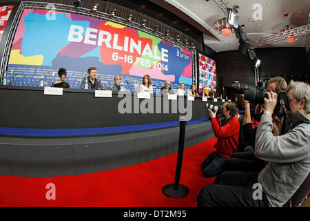 Mitra Farahani, Michel Gondry, Christoph Waltz, Greta Gerwig, James Shamus, Trine Dyrholm, Barbara Broccoli andTony Leung during the jury press conference at the 64th Berlin International Film Festival / Berlinale 2014 on February 06, 2014 Stock Photo