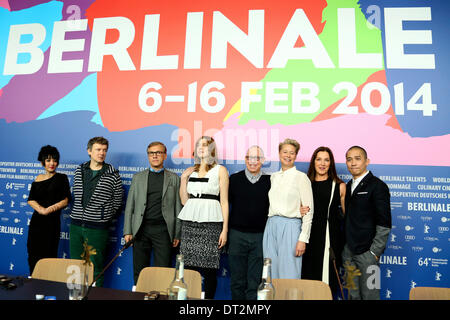 Mitra Farahani, Michel Gondry, Christoph Waltz, Greta Gerwig, James Shamus, Trine Dyrholm, Barbara Broccoli andTony Leung during the jury press conference at the 64th Berlin International Film Festival / Berlinale 2014 on February 06, 2014 Stock Photo