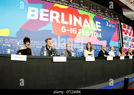 Mitra Farahani, Michel Gondry, Christoph Waltz, Greta Gerwig, James Shamus, Trine Dyrholm, Barbara Broccoli andTony Leung during the jury press conference at the 64th Berlin International Film Festival / Berlinale 2014 on February 06, 2014 Stock Photo