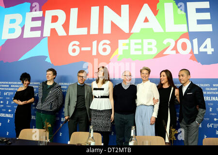 Mitra Farahani, Michel Gondry, Christoph Waltz, Greta Gerwig, James Shamus, Trine Dyrholm, Barbara Broccoli andTony Leung during the jury press conference at the 64th Berlin International Film Festival / Berlinale 2014 on February 06, 2014 Stock Photo